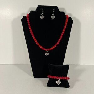 Jewelry Set (Necklace, Bracelet, and Earrings) Silver Heart Red Glass Beads NWT